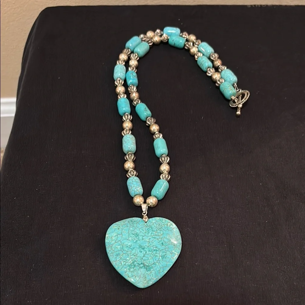 Turquoise and Silver Heart Pendant Necklace - Picture 1 of 7